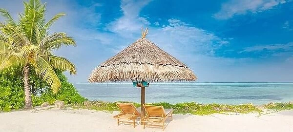 Exotic beach with two chairs tropical landscape banner. Idyllic beach
