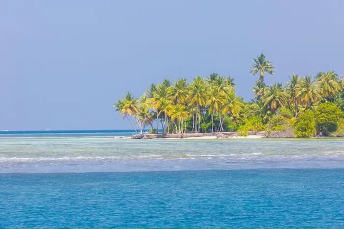 Framed Print : Exotic beach on a tropical island among palm trees, lagoon sea with coral reef. Amazing beach landscape, copy space, paradise destination