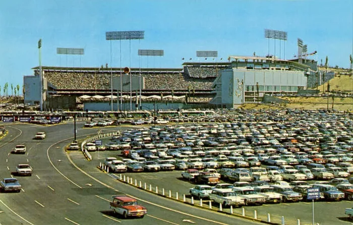 Framed Print : Exterior postcard view of Dodger Stadium with fans in attendance for a day game circa 1962 Framed Print : Exterior postcard view of Dodger Stadium with fans in attendance for a day game circa 1962