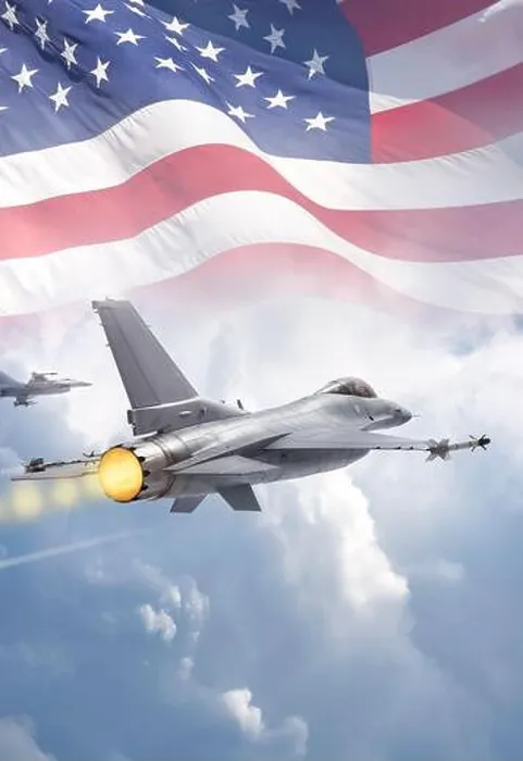 Framed Print : F-16 Fighting Falcon military jets (models) fly through clouds with American flag Framed Print : F-16 Fighting Falcon military jets (models) fly through clouds with American flag
