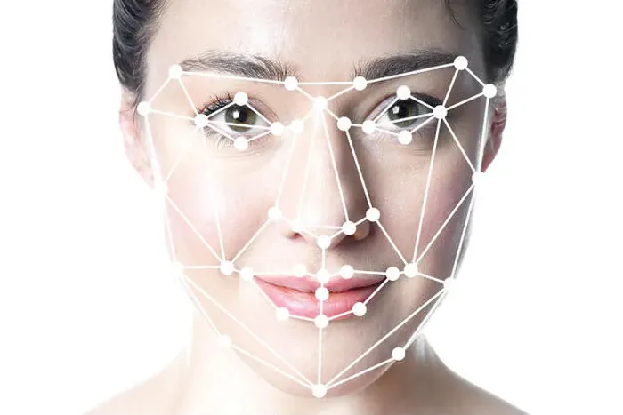 Framed Print : face detection or facial recognition grid overlay on face of woman Framed Print : face detection or facial recognition grid overlay on face of woman