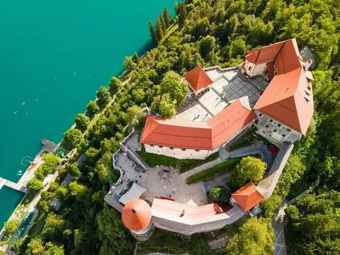 Framed Print : Faitytale Bled Castle Close Aerial Drone View, Slovenia Framed Print : Faitytale Bled Castle Close Aerial Drone View, Slovenia