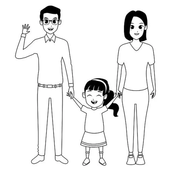 Framed Print : Family parents and childrens cartoons in black and white Framed Print : Family parents and childrens cartoons in black and white