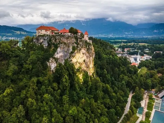 Framed Print : Famous Bled Castle at Lake Bled in Slovenia. Drone View Framed Print : Famous Bled Castle at Lake Bled in Slovenia. Drone View