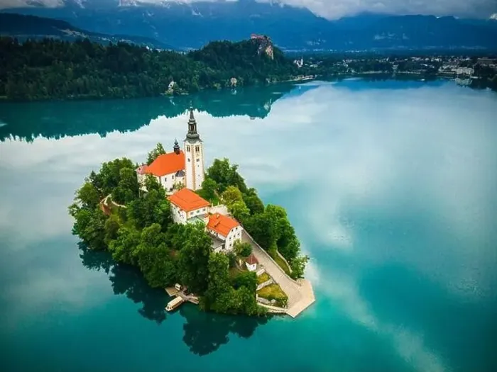 Framed Print : Famous Church on Iland Landmark on Lake Bled in Slovenia. Drone Aerial Photo Framed Print : Famous Church on Iland Landmark on Lake Bled in Slovenia. Drone Aerial Photo