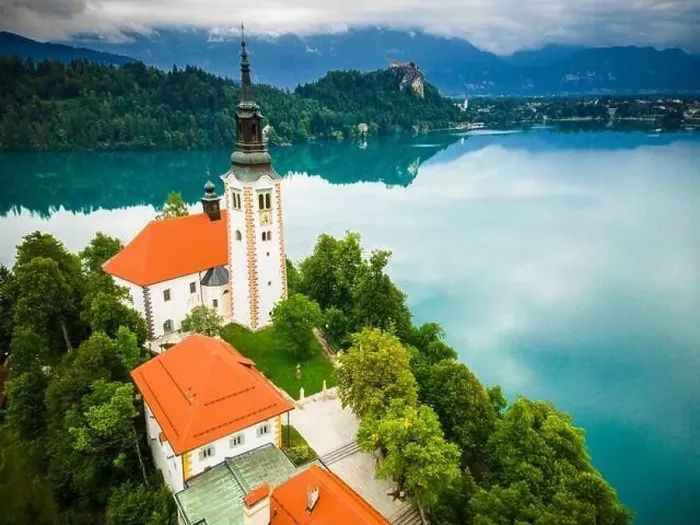 Framed Print : Famous Church on Iland Landmark on Lake Bled in Slovenia. Drone Aerial Photo Framed Print : Famous Church on Iland Landmark on Lake Bled in Slovenia. Drone Aerial Photo
