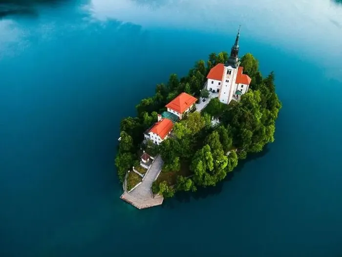 Framed Print : Famous Lake Bled with Church on Island in Slovenia. Drone View Framed Print : Famous Lake Bled with Church on Island in Slovenia. Drone View