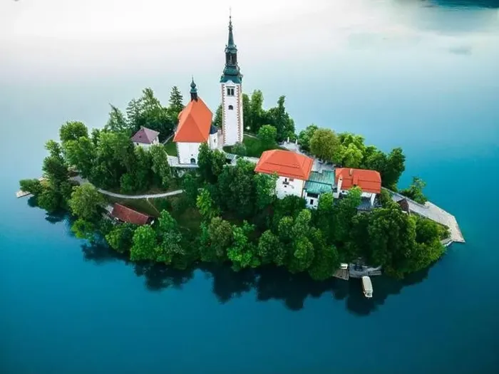 Framed Print : Famous Lake Bled with Church on Island in Slovenia. Drone View Framed Print : Famous Lake Bled with Church on Island in Slovenia. Drone View