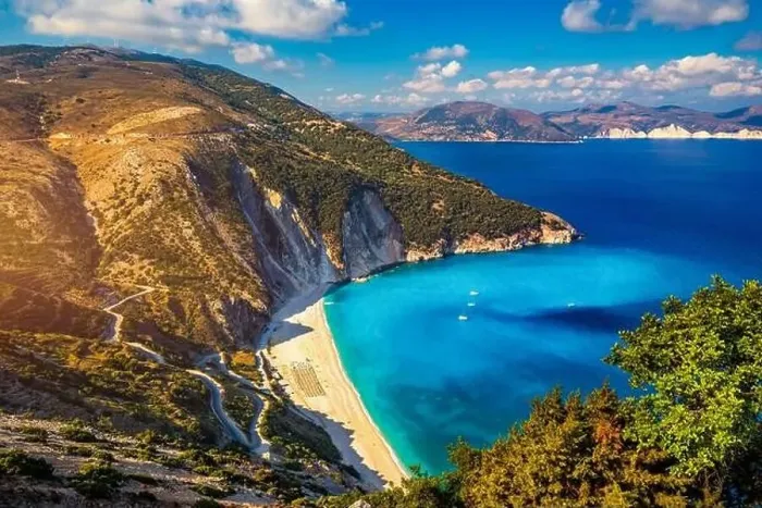 Framed Print : Famous Myrtos beach from overlook