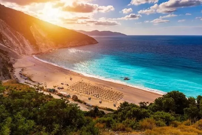Framed Print : Famous Myrtos beach from overlook Framed Print : Famous Myrtos beach from overlook