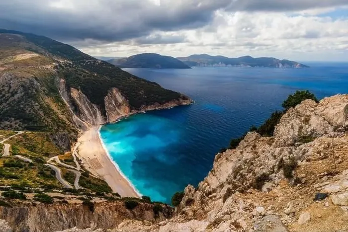 Framed Print : Famous Myrtos beach from overlook Framed Print : Famous Myrtos beach from overlook