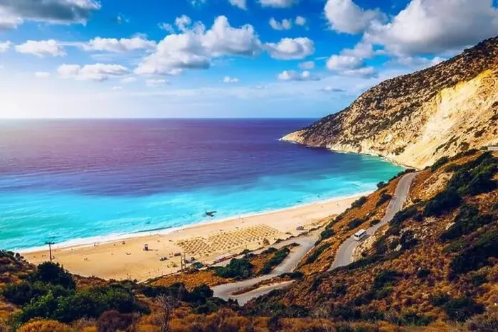 Framed Print : Famous Myrtos beach from overlook Framed Print : Famous Myrtos beach from overlook