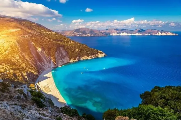 Framed Print : Famous Myrtos beach from overlook Framed Print : Famous Myrtos beach from overlook