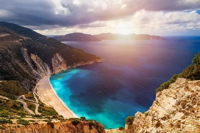 Framed Print : Famous Myrtos beach from overlook Framed Print : Famous Myrtos beach from overlook