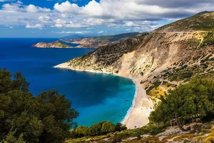 Framed Print : Famous Myrtos beach from overlook Framed Print : Famous Myrtos beach from overlook
