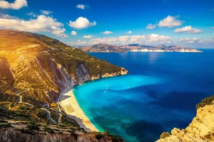 Framed Print : Famous Myrtos beach from overlook Framed Print : Famous Myrtos beach from overlook