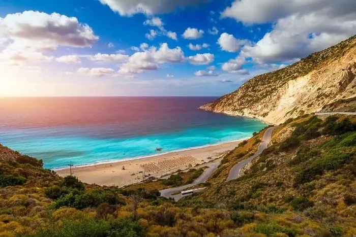 Framed Print : Famous Myrtos beach from overlook Framed Print : Famous Myrtos beach from overlook