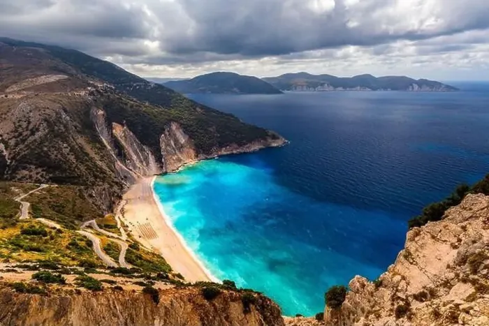 Framed Print : Famous Myrtos beach from overlook Framed Print : Famous Myrtos beach from overlook