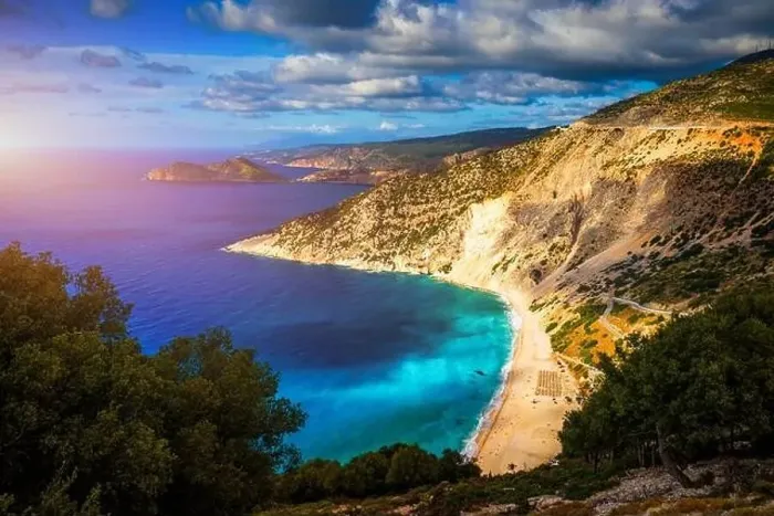 Framed Print : Famous Myrtos beach from overlook Framed Print : Famous Myrtos beach from overlook