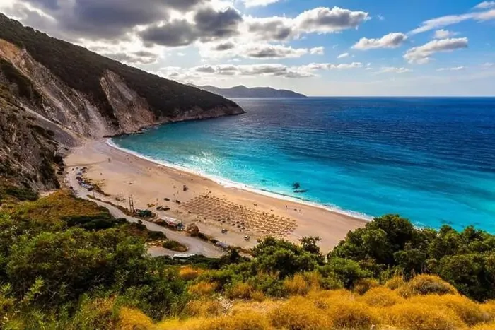 Framed Print : Famous Myrtos beach from overlook