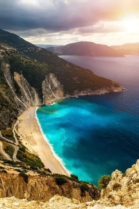 Framed Print : Famous Myrtos beach from overlook