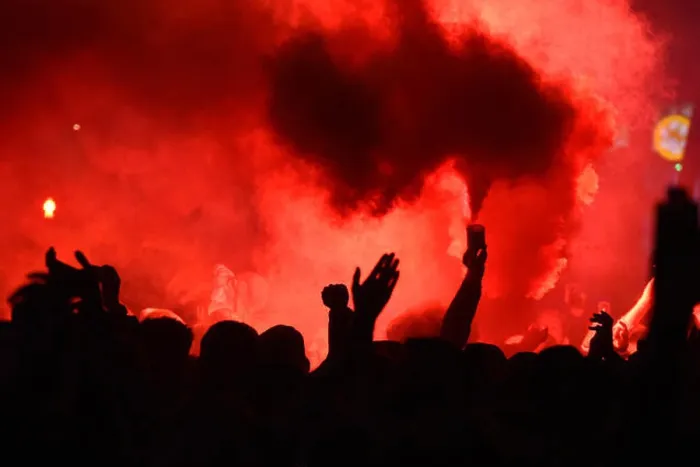 Framed Print : Fans burning flares.Around 3, 000 PSG fans gathered on the streets close to Santiago Bernabeu stadium ahead of the UEFA Framed Print : Fans burning flares.Around 3, 000 PSG fans gathered on the streets close to Santiago Bernabeu stadium ahead of the UEFA