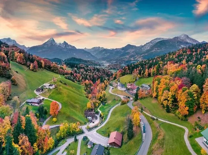 Framed Print : Fantastic evening view from flying drone of Maria Gern church with Hochkalter peak on background Framed Print : Fantastic evening view from flying drone of Maria Gern church with Hochkalter peak on background