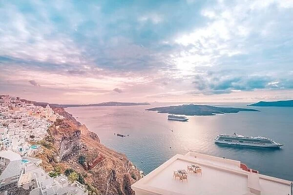 Fantastic evening view of Santorini island. Picturesque spring sunset on famous view resort Fira, Greece, Europe. Traveling concept background. Sunset