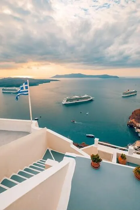 Framed Print : Fantastic evening view of Santorini island. Picturesque spring sunset on famous view resort Fira, Greece, Europe. Traveling concept background. Sunset Framed Print : Fantastic evening view of Santorini island. Picturesque spring sunset on famous view resort Fira, Greece, Europe. Traveling concept background. Sunset