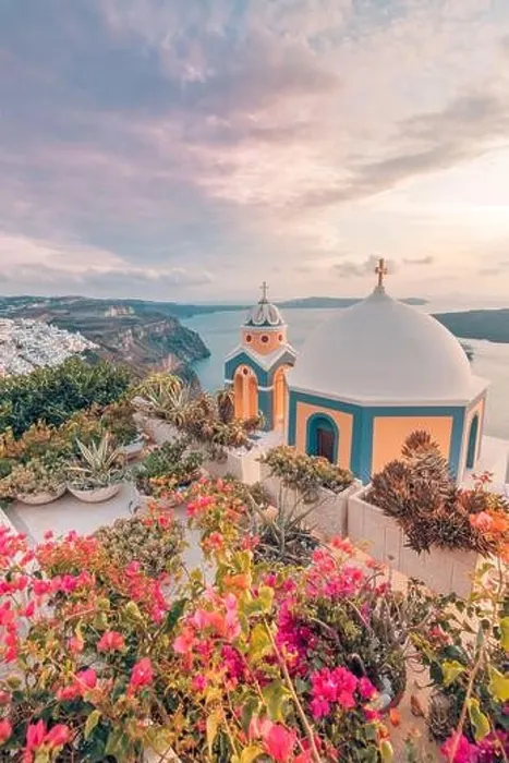 Framed Print : Fantastic evening view of Santorini island. Picturesque spring sunset on famous view resort Fira, Greece, Europe. Traveling concept background. Sunset