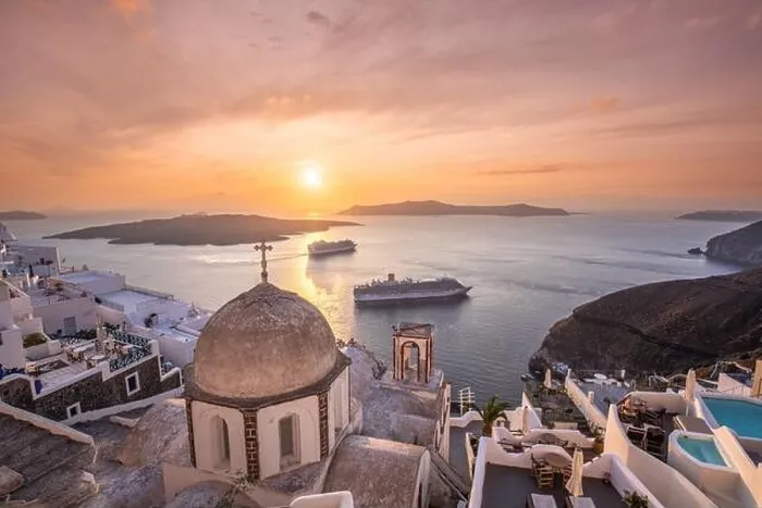 Framed Print : Fantastic evening view of Santorini island. Picturesque spring sunset on famous view resort Fira, Greece, Europe. Traveling concept background. Sunset Framed Print : Fantastic evening view of Santorini island. Picturesque spring sunset on famous view resort Fira, Greece, Europe. Traveling concept background. Sunset