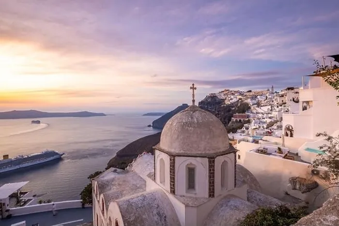 Framed Print : Fantastic evening view of Santorini island. Picturesque spring sunset on famous view resort Fira, Greece, Europe. Traveling concept background. Sunset Framed Print : Fantastic evening view of Santorini island. Picturesque spring sunset on famous view resort Fira, Greece, Europe. Traveling concept background. Sunset
