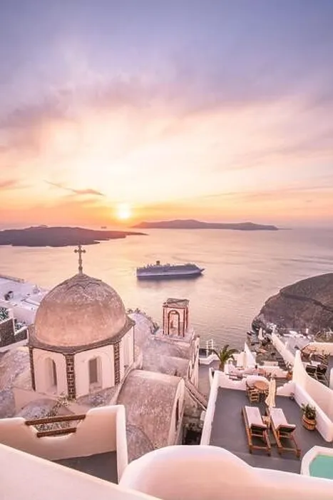 Framed Print : Fantastic evening view of Santorini island. Picturesque spring sunset on famous view resort Fira, Greece, Europe. Traveling concept background. Sunset Framed Print : Fantastic evening view of Santorini island. Picturesque spring sunset on famous view resort Fira, Greece, Europe. Traveling concept background. Sunset