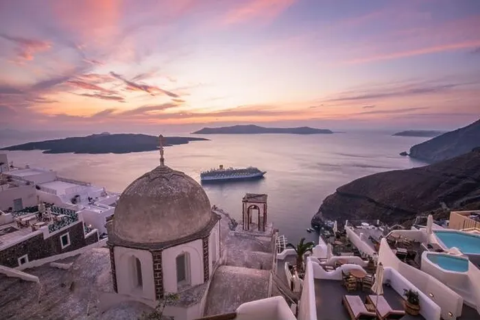 Framed Print : Fantastic evening view of Santorini island. Picturesque spring sunset on famous view resort Fira, Greece, Europe. Traveling concept background. Sunset Framed Print : Fantastic evening view of Santorini island. Picturesque spring sunset on famous view resort Fira, Greece, Europe. Traveling concept background. Sunset