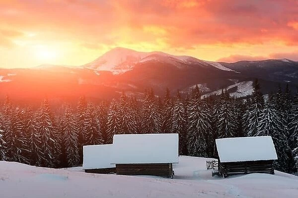 Fantastic landscape with snowy mountains, trees and house. Carpathians, Ukraine, Europe