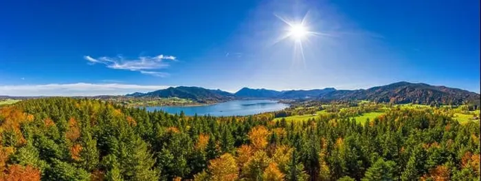 Framed Print : Fantastic panoramic view over the bavarian lake Tegernsee in autumn with fall colors, made by a drone Framed Print : Fantastic panoramic view over the bavarian lake Tegernsee in autumn with fall colors, made by a drone