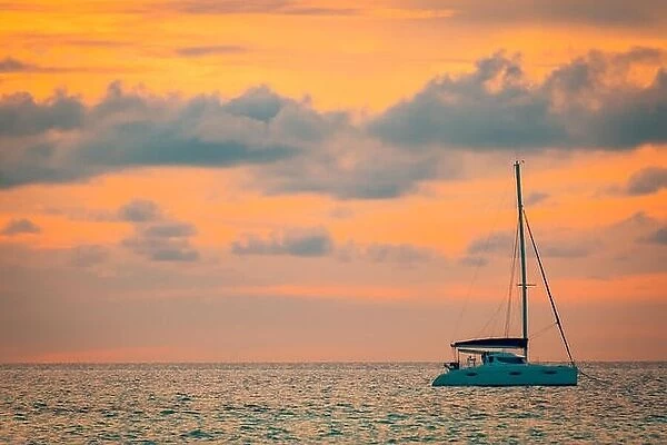 Fantastic sailboat on tropical sea in sunset or sunrise time. Calm tropical adventure and travel concept