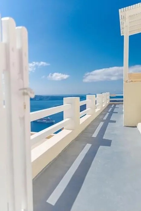 Framed Print : Fantastic travel background, Santorini urban landscape. Red door, gate with stairs white architecture under blue sky. Idyllic summer vacation luxury Framed Print : Fantastic travel background, Santorini urban landscape. Red door, gate with stairs white architecture under blue sky. Idyllic summer vacation luxury