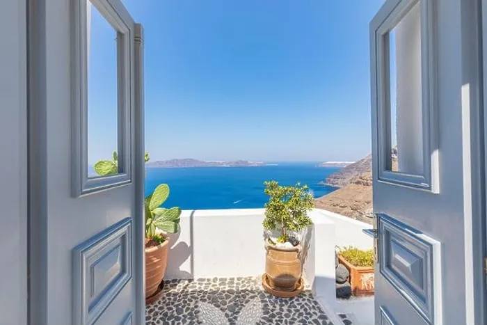 Framed Print : Fantastic travel background, Santorini urban street landscape. Blue door or gate stairs and white architecture under sunny sky. Amazing summer vacay Framed Print : Fantastic travel background, Santorini urban street landscape. Blue door or gate stairs and white architecture under sunny sky. Amazing summer vacay