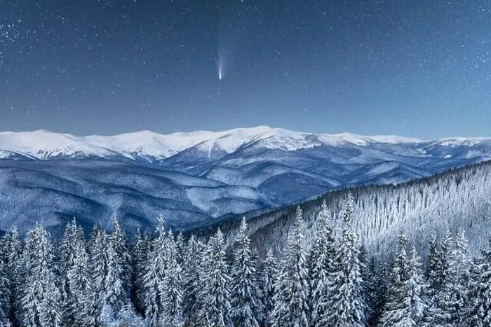 Framed Print : Fantastic winter landscape glowing by star light. Dramatic wintry scene with snowy trees and comet in night sky. Carpathians, Europe Framed Print : Fantastic winter landscape glowing by star light. Dramatic wintry scene with snowy trees and comet in night sky. Carpathians, Europe