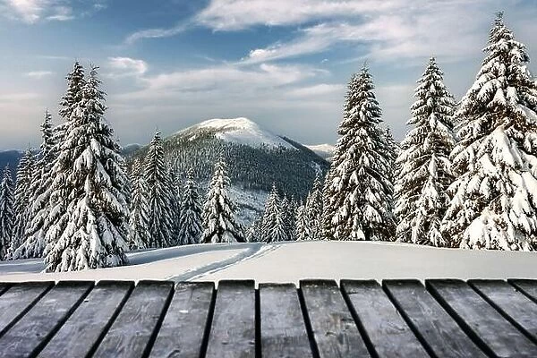 Fantastic winter landscape with snowy trees and wooden terrace. Carpathian mountains, Ukraine, Europe. Christmas holiday concept