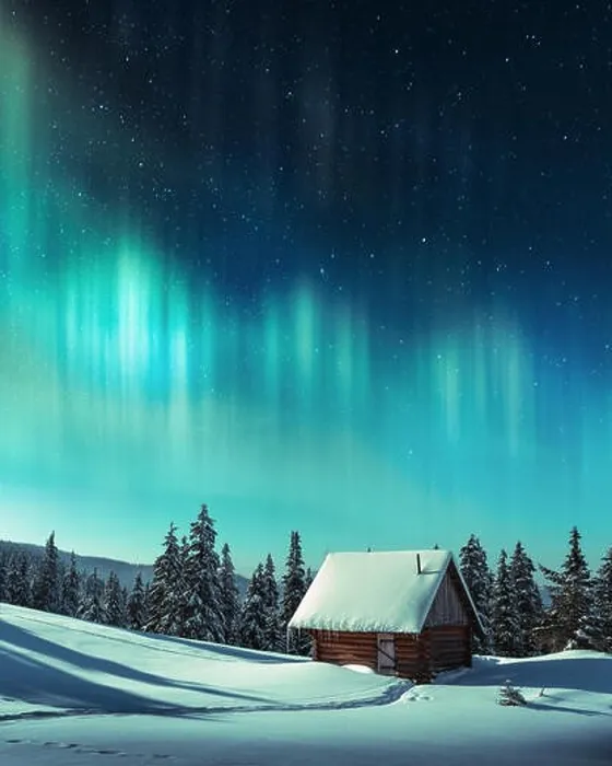 Framed Print : Fantastic winter landscape with wooden house in snowy mountains and northen light in night sky Framed Print : Fantastic winter landscape with wooden house in snowy mountains and northen light in night sky
