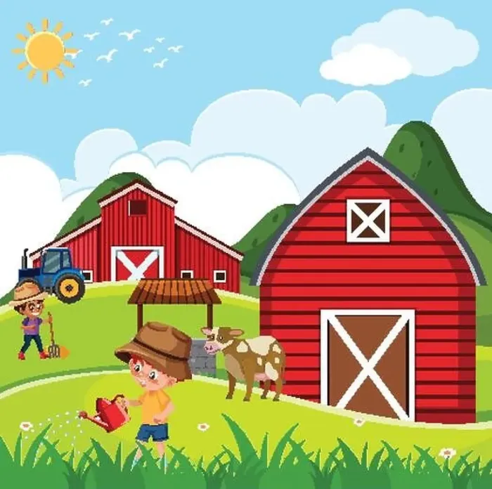 Framed Print : Farm scene with kids working on the farm illustration Framed Print : Farm scene with kids working on the farm illustration
