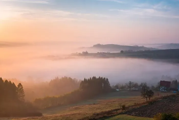 Framed Print : Farmland and Countryside in Poland at Foggy Sunrise in Autumn Framed Print : Farmland and Countryside in Poland at Foggy Sunrise in Autumn