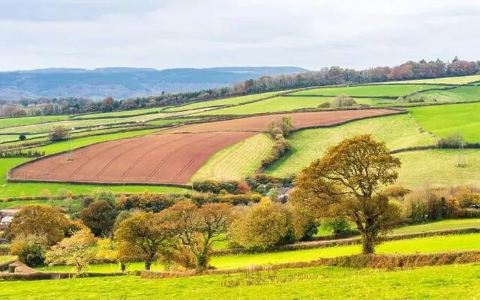 Framed Print : Farmlands, Meadows and Fields over Devon in the colors of fall, England, Europe Framed Print : Farmlands, Meadows and Fields over Devon in the colors of fall, England, Europe