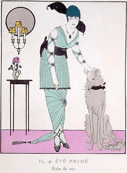 Fashion plate fomr La Gazette du Bon Ton, Il a Eté Primé robe de soie (silk gown) with hobble skirt. 1914