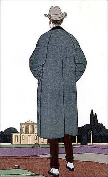 Fashion plate of man's overcoat, overcoat worn with felt homburg (hat) and spats. 1914. Bernard B. Demonvel (?) 12 Mens Overcoat and spats 1914