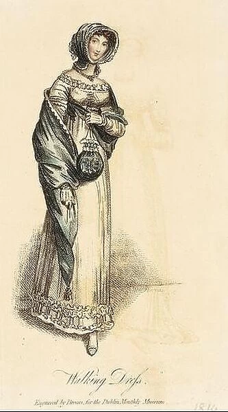 Fashion Plate, Walking Dress for 'Dublin Monthly Museum'. Henry Brocas (Ireland, Dublin, 1762-1838). England, London, 1814. Prints; engravings