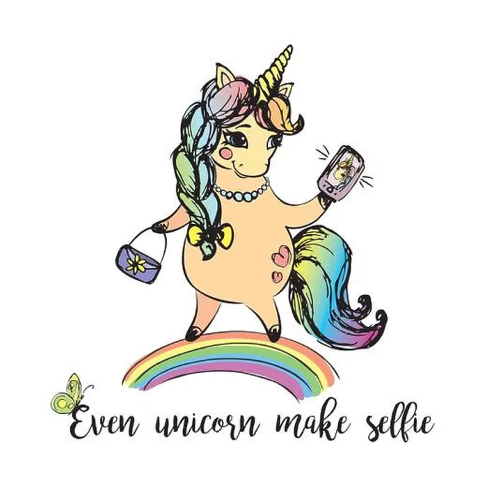 Framed Print : Fashion unicorn girl with bag and cell phone standing on rainbow Framed Print : Fashion unicorn girl with bag and cell phone standing on rainbow