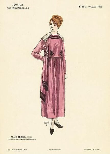 Fashionable woman in an ankle-length cerise dress with lace collar, embroidered panels, matching sash